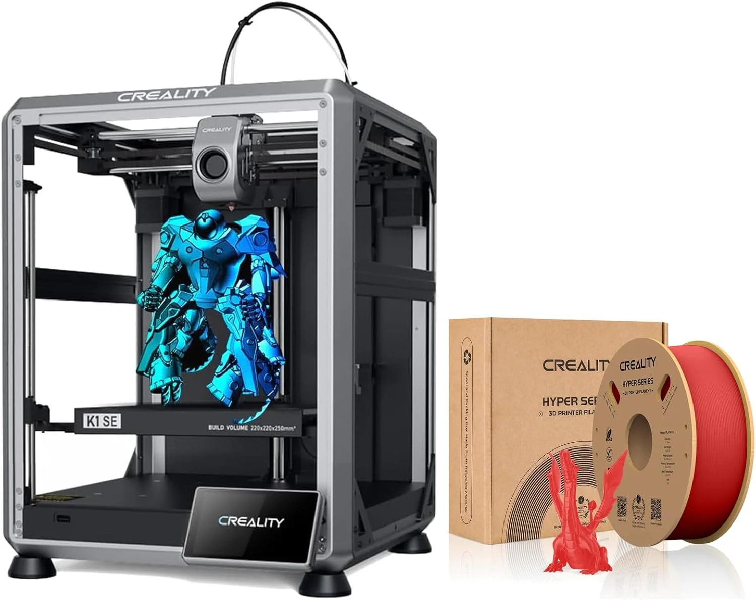 پرینتر سه بعدی پرسرعت کرالیتی K1 SE با سرعت چاپ 600 میلی‌متر بر ثانیه به همراه فیلامنت قرمز PLA سری Hyper برای چاپ سریع و دقیق و استحکام بیشتر با دقت 1.75mm ±0.03mm