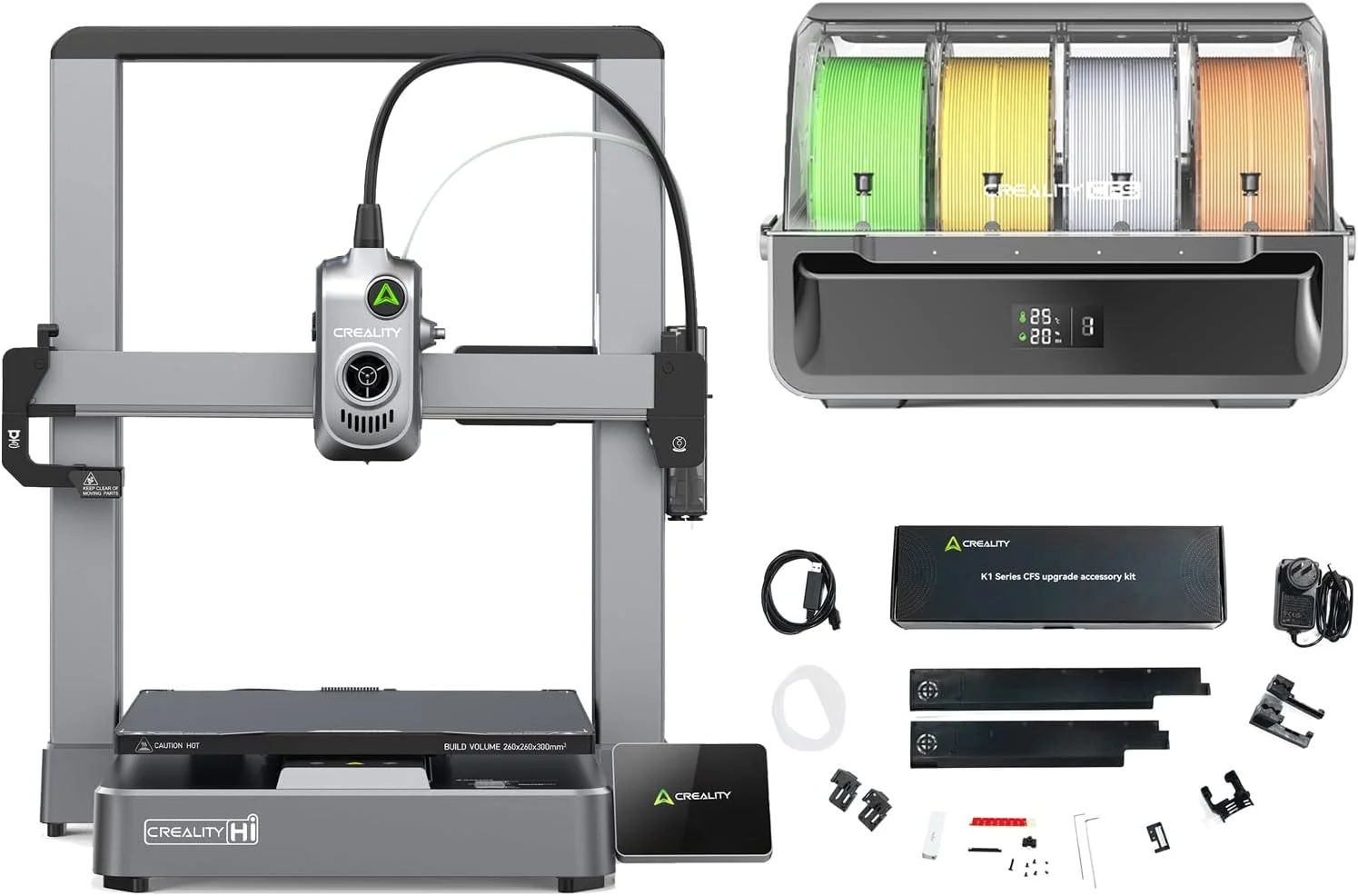 پرینتر سه بعدی بسیار سریع Creality Hi با حجم ساخت 260×260×300 میلی‌متر، شامل کیت ارتقاء CFS و سیستم فیلامنت با پشتیبانی از تعویض خودکار RFID و چاپ چند متریال 16 رنگ