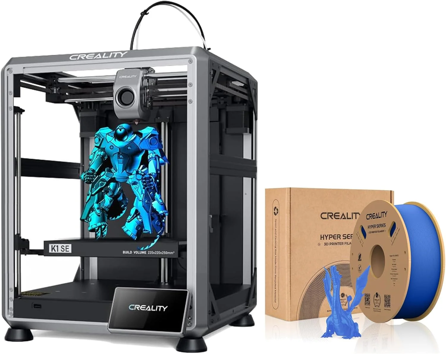 پرینتر سه بعدی سرعت بالا کرالیتی K1 SE با سرعت چاپ 600 میلی متر بر ثانیه به همراه فیلامنت آبی PLA سری Hyper برای خروجی مدل سریع و دقیق با رنگ قوی و پایداری ابعادی