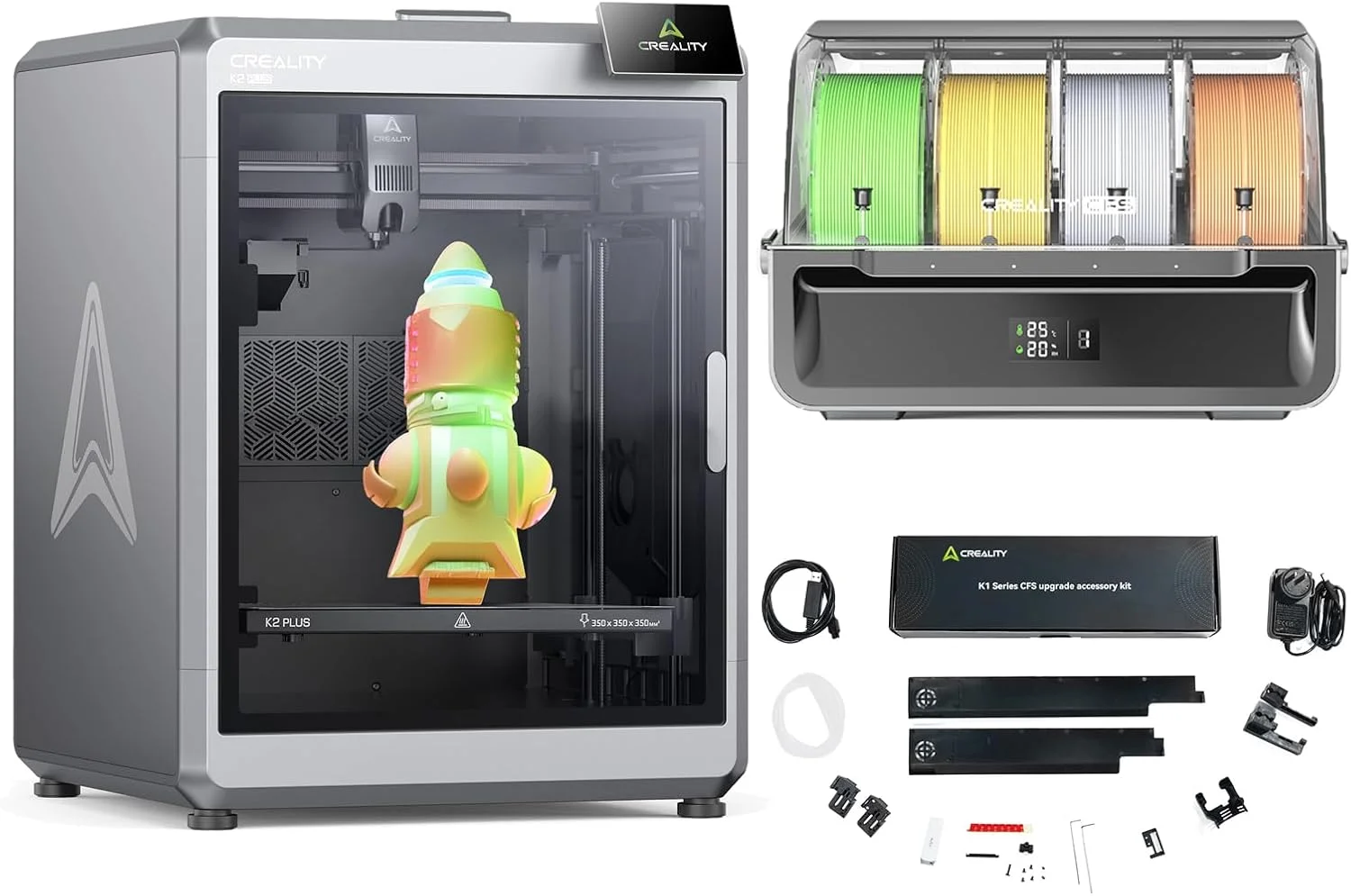 پرینتر سه بعدی پرسرعت کرالیتی K2 Plus با حجم ساخت 350×350×350 میلی‌متر به همراه کیت ارتقاء CFS و سیستم فیلامنت چند رنگ با پشتیبانی از تعویض RFID و چاپ سه بعدی 16 رنگ