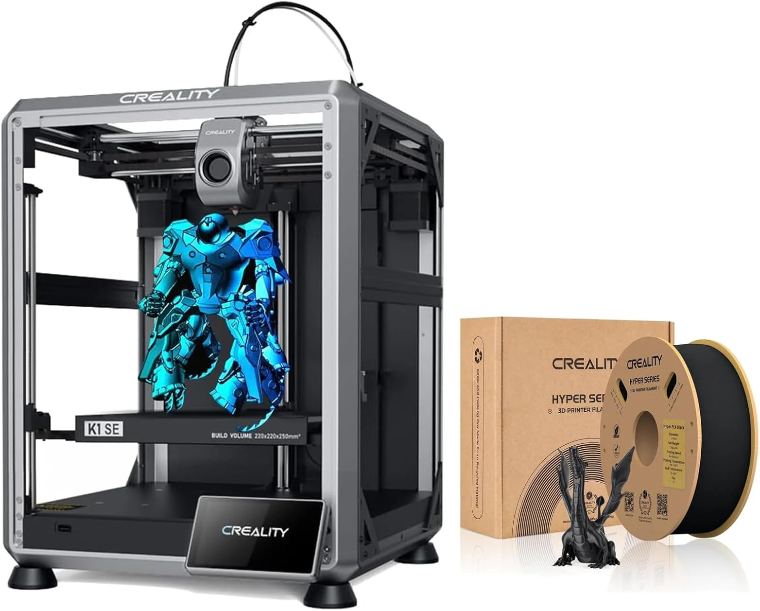 پرینتر سه بعدی پرسرعت کرالیتی K1 SE با سرعت 600 میلی‌متر بر ثانیه به همراه فیلامنت مشکی PLA سری Hyper برای خروجی مدل دقیق و قوی با دقت ±0.03 میلی‌متر و جریان روان