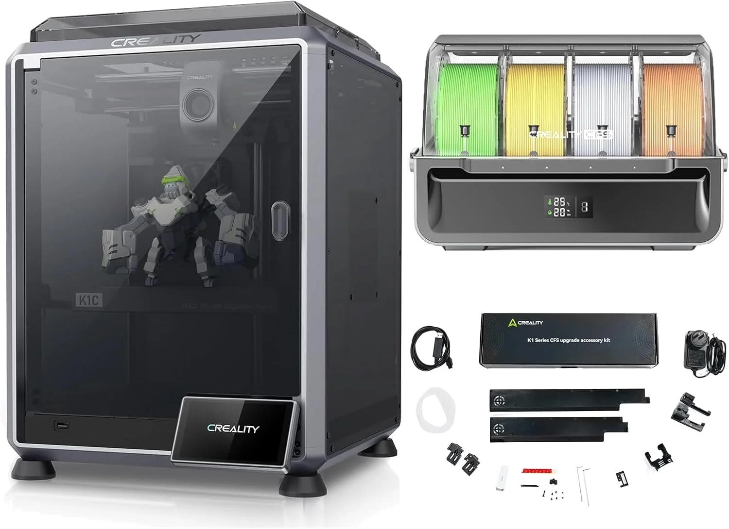 پرینتر سه بعدی پرسرعت کرالیتی K1C با سرعت چاپ 600 میلی‌متر بر ثانیه و دوربین هوش مصنوعی، شامل کیت ارتقاء CFS و سیستم فیلامنت چند رنگ برای تعویض خودکار RFID و پشتیبانی از 16 رنگ