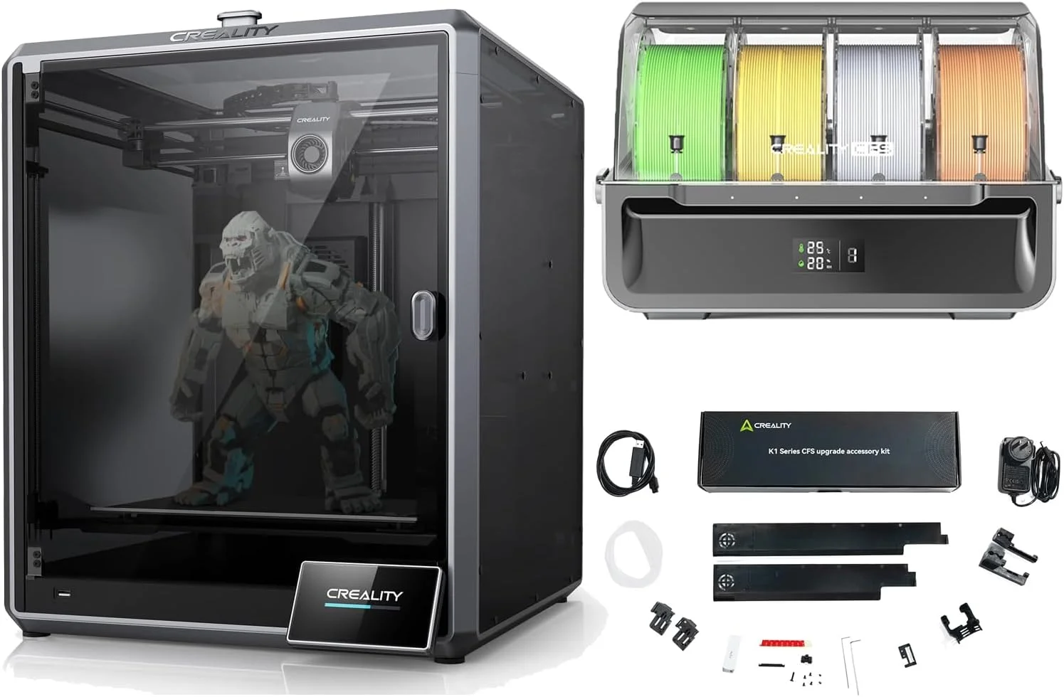 پرینتر سه بعدی سرعت بالا Creality K1 Max با حجم ساخت 300×300×300 میلی‌متر به همراه کیت ارتقاء CFS و سیستم فیلامنت چند رنگ با پشتیبانی از تعویض خودکار RFID و چاپ سه بعدی 16 رنگ