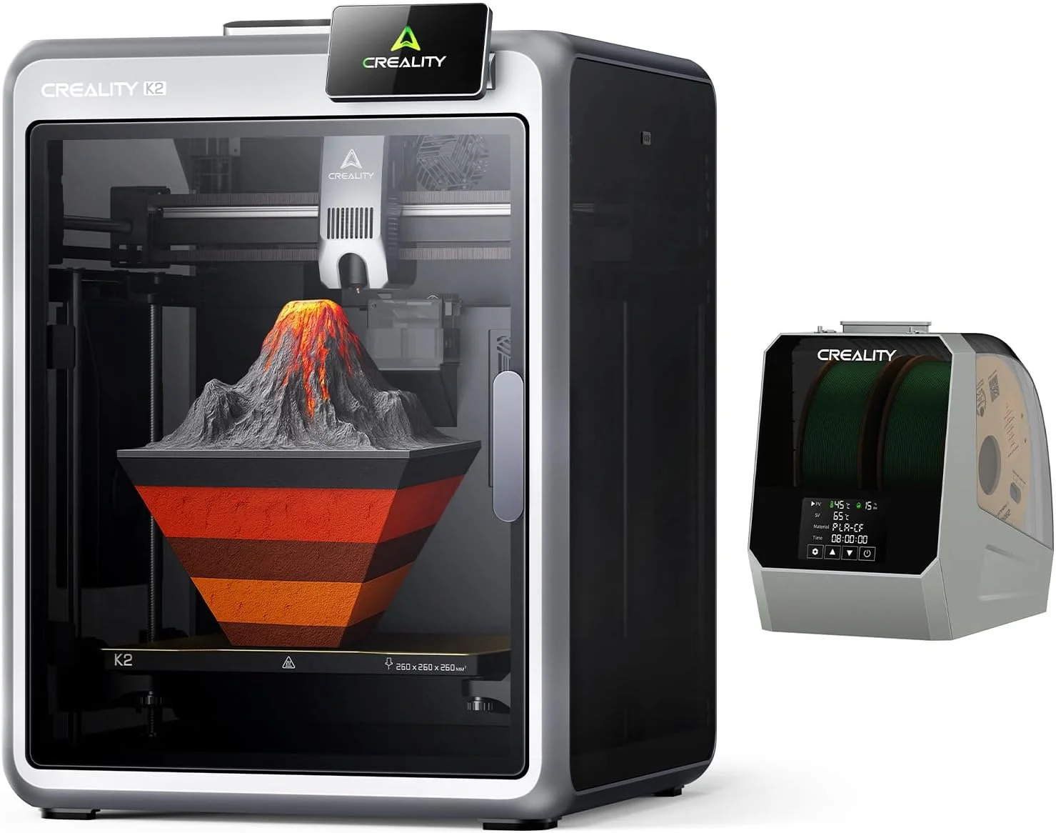 بسته پرینتر سه بعدی Creality K2 به همراه جعبه خشک کن فیلامنت Creality Space Pi و 2 قرقره، نیاز به چاپ چند رنگ CFS، حداکثر سرعت چاپ 600 میلی متر بر ثانیه، تراز خودکار هوشمند و دوربین هوش مصنوعی