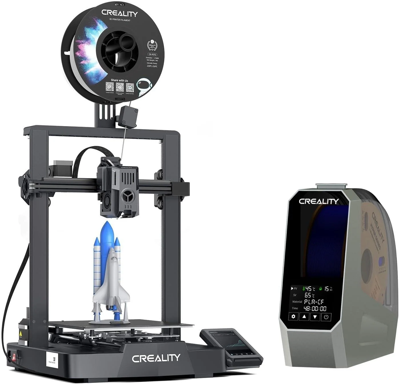 مجموعه پرینتر سه بعدی Creality Ender-3 V3 KE به همراه جعبه خشک کننده فیلامنت Creality Space Pi، فن و صفحه لمسی، نگهدارنده قرقره فیلامنت پرینتر سه بعدی
