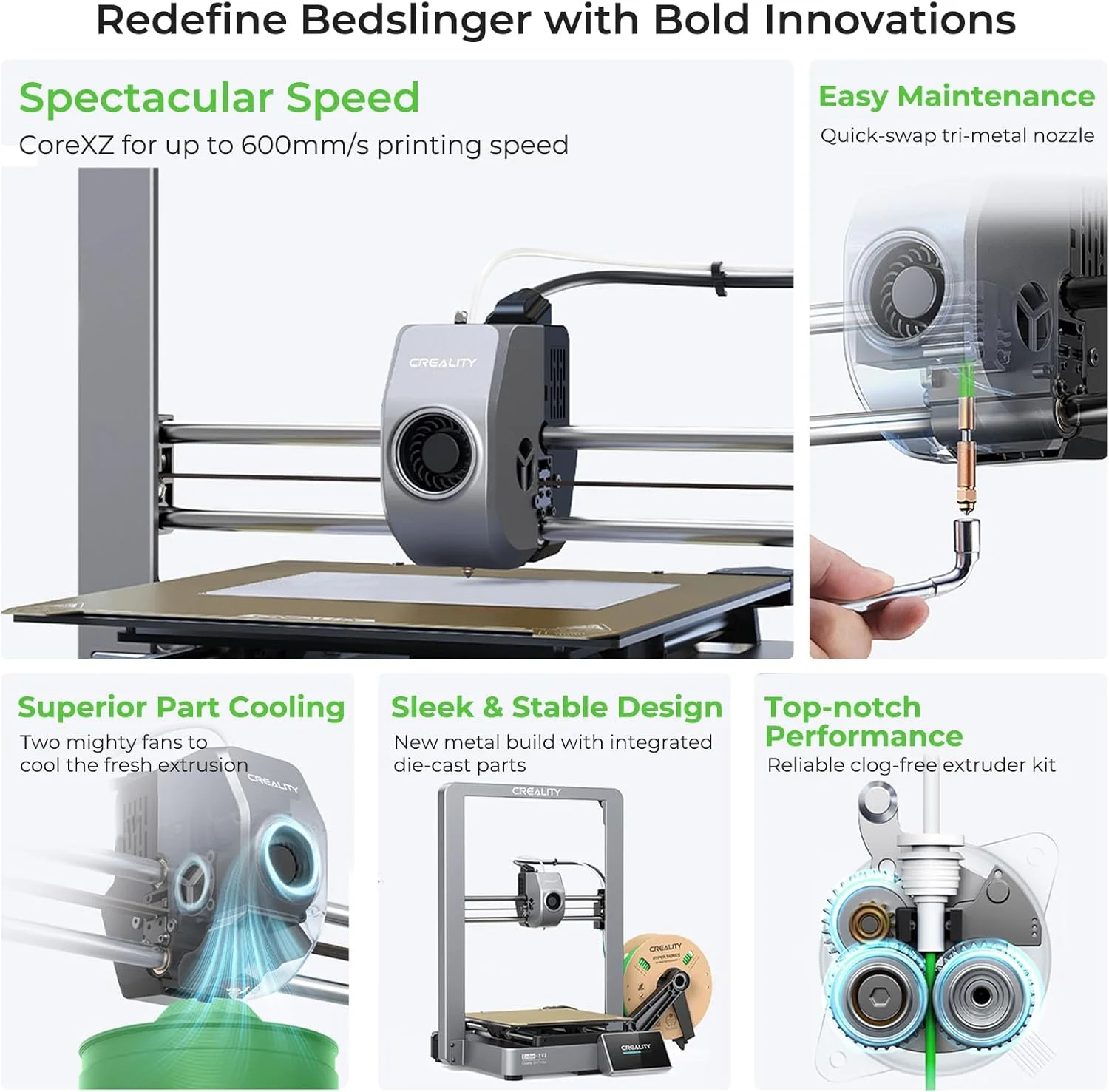 پرینتر سه بعدی Creality Ender-3 V3، ارتقاء Ender-3 V2 با Core XZ برای سرعت چاپ 600mm/s اکستروژن مستقیم نازل سه فلزی کالیبراسیون خودکار دو فن خنک کننده فوری حجم ساخت 8.7 x 8.7 x 9.8