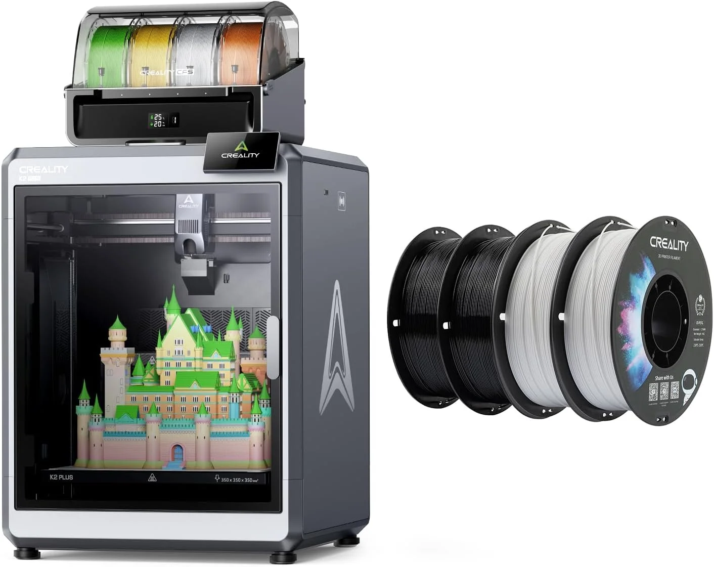 دستگاه چاپ سه بعدی Creality K2 Plus Combo به همراه بسته فیلامنت PETG مشکی و سفید 4 کیلوگرمی 1.75 میلی متری
