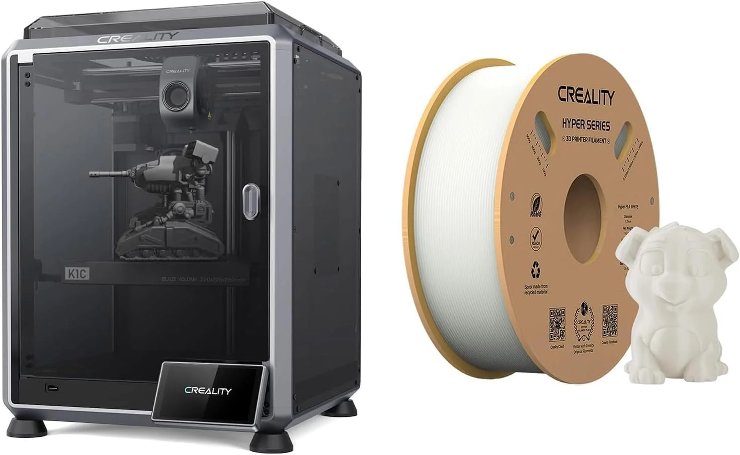 پرینتر سه بعدی کرالیتی K1C با سرعت چاپ سریع 600 میلی‌متر بر ثانیه و فیلامنت PLA سفید هایپر با سرعت بالا