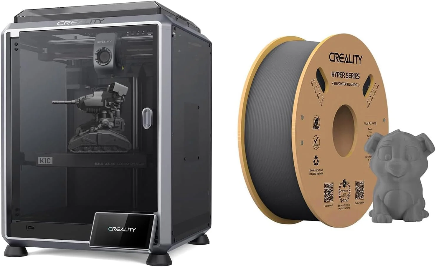 پرینتر سه بعدی کرالیتی K1C با سرعت چاپ سریع 600 میلی‌متر بر ثانیه و فیلامنت PLA خاکستری سرعت بالای کرالیتی