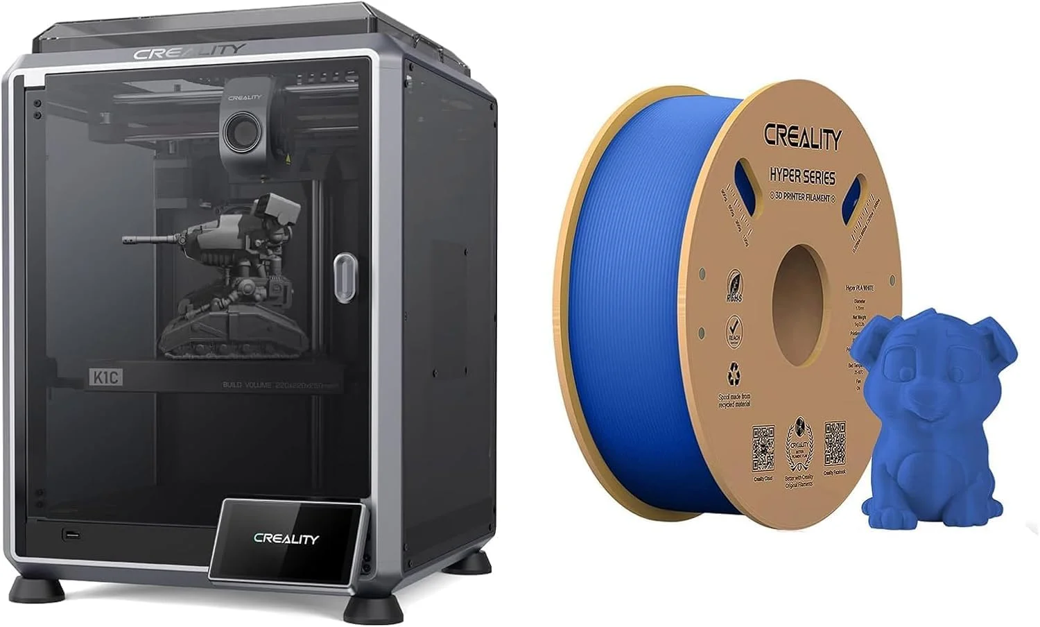 پرینتر سه بعدی کرالیتی K1C با سرعت چاپ سریع 600 میلی‌متر بر ثانیه و فیلامنت PLA آبی رنگ کرالیتی Hyper High Speed