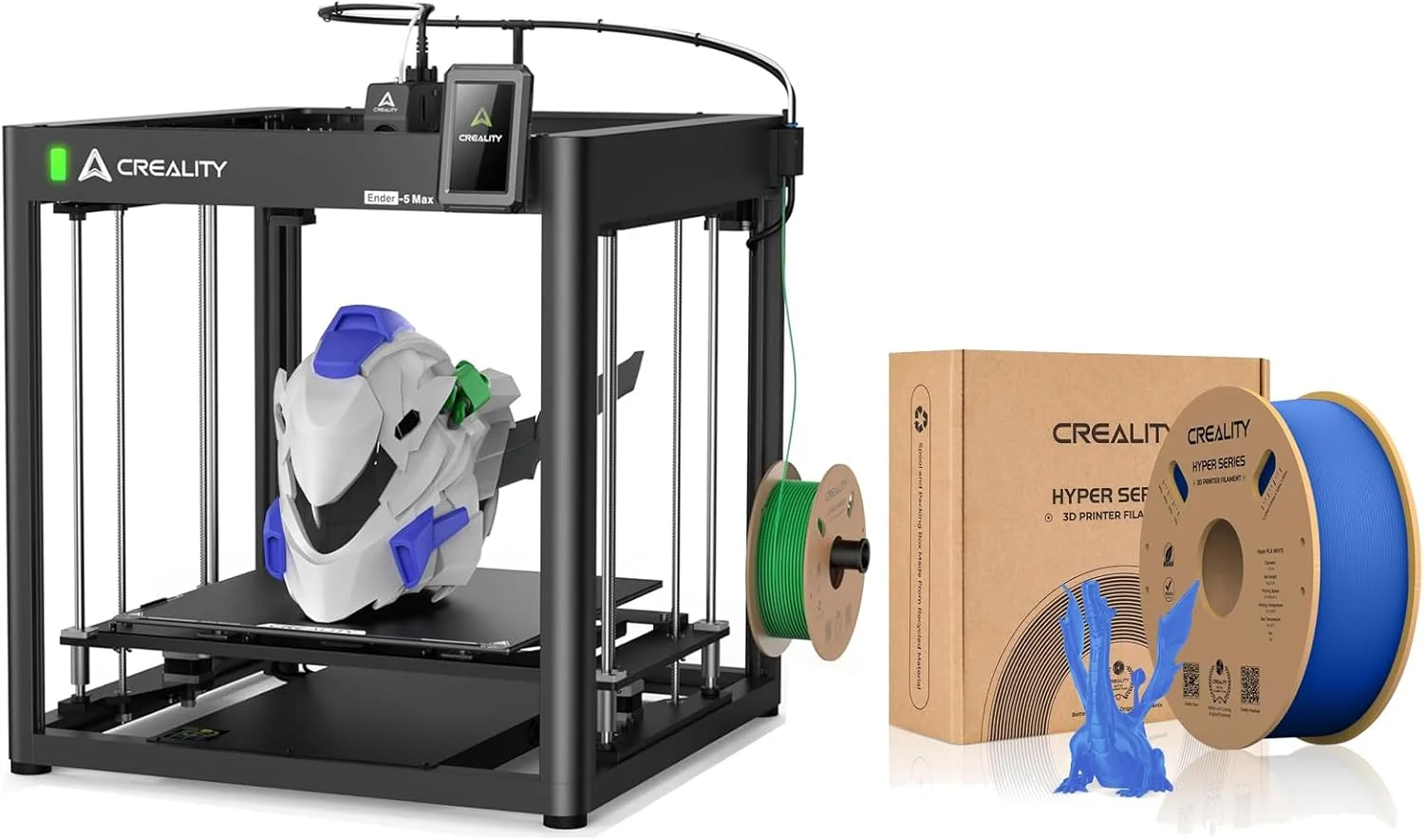 پرینتر سه بعدی Creality Ender-5 Max با حجم ساخت 400×400×400 میلی‌متر به همراه فیلامنت آبی PLA سری Hyper برای چاپ سریع 700 میلی‌متر بر ثانیه با دقت و خروجی رنگ قوی