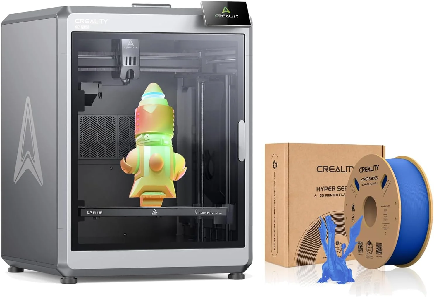 پرینتر سه بعدی کرالیتی K2 Plus با حجم ساخت 350x350x350 میلی‌متر، چاپ سریع 600 میلی‌متر بر ثانیه با دوربین‌های هوش مصنوعی دوگانه به همراه فیلامنت آبی Creality Hyper PLA