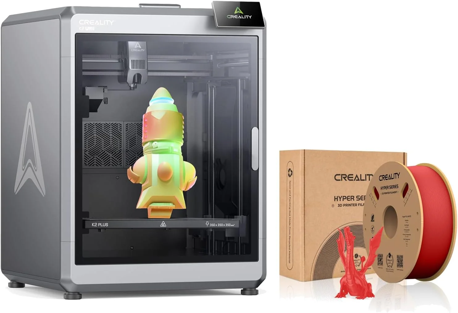 پرینتر سه بعدی کرالیتی K2 Plus با حجم ساخت 350x350x350 میلی‌متر، چاپ سریع 600 میلی‌متر بر ثانیه با دوربین‌های هوش مصنوعی دوگانه به همراه فیلامنت قرمز Creality Hyper PLA