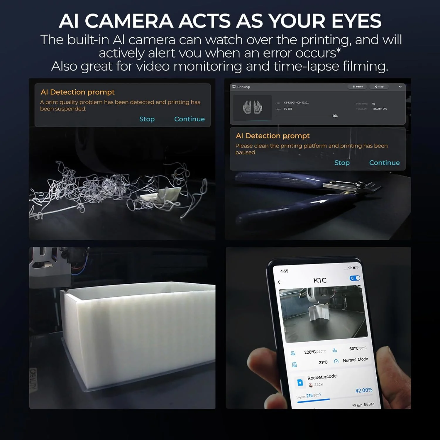 پرینتر سه بعدی کرالیتی K1C با سرعت چاپ سریع 600 میلی متر بر ثانیه و فیلامنت PLA قرمز با سرعت بالا