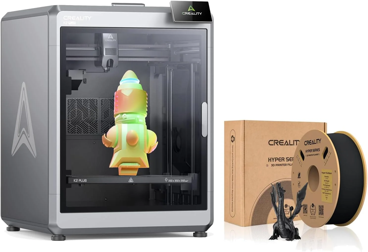 پرینتر سه بعدی Creality K2 Plus با حجم ساخت 350x350x350 میلی‌متر، چاپ با سرعت بالا 600 میلی‌متر بر ثانیه با دوربین‌های هوش مصنوعی دوگانه و فیلامنت مشکی Creality Hyper PLA