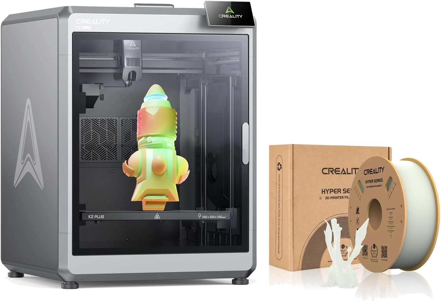 پرینتر سه بعدی کرالیتی K2 Plus با حجم ساخت 350x350x350 میلی‌متر، چاپ سریع 600 میلی‌متر بر ثانیه با دوربین‌های دوگانه هوش مصنوعی به همراه فیلامنت PLA هایپر سفید کرالیتی