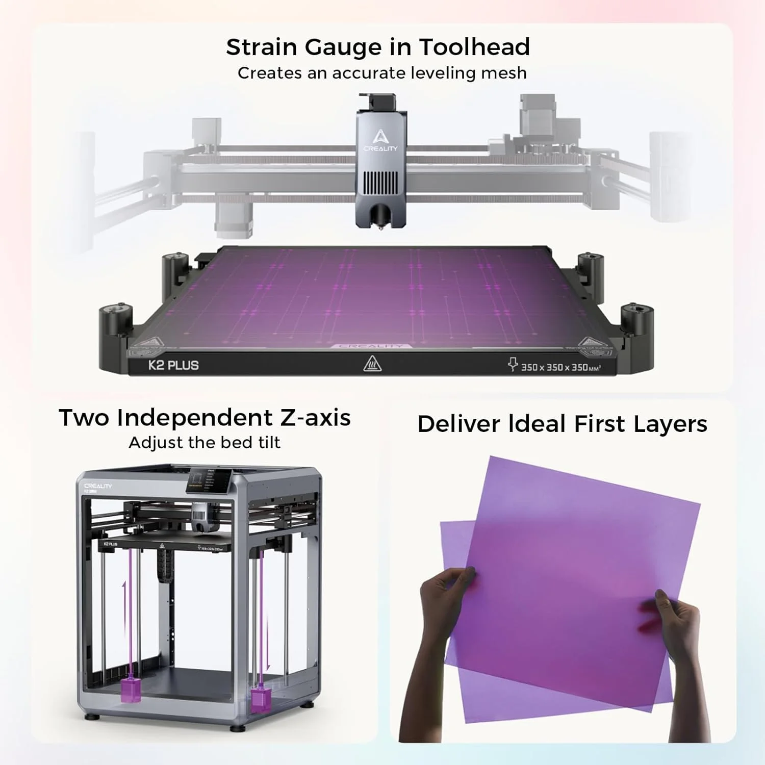 پرینتر سه بعدی کرالیتی K2 Plus با حجم ساخت 350x350x350 میلی‌متر، چاپ سریع 600 میلی‌متر بر ثانیه با دوربین‌های هوش مصنوعی دوگانه به همراه فیلامنت آبی Creality Hyper PLA