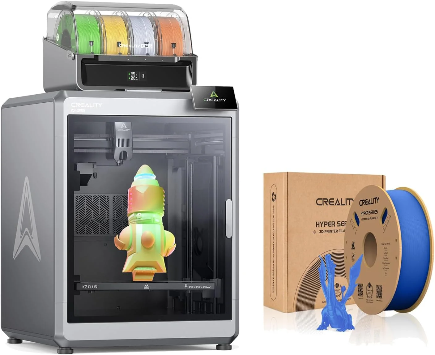 پرینتر سه بعدی Creality K2 Plus Combo با حجم ساخت 350x350x350 میلی‌متر با قابلیت چاپ 16 رنگ و فیلامنت PLA آبی Creality Hyper