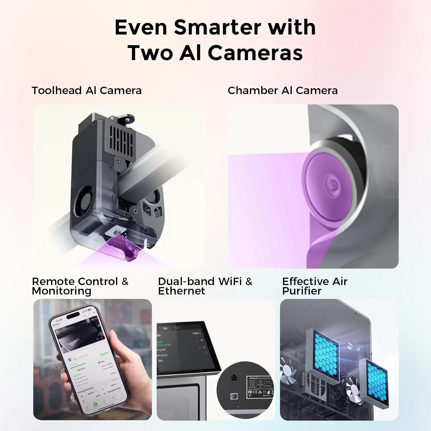 پرینتر سه بعدی کرالیتی K2 Plus با حجم ساخت 350x350x350 میلی‌متر، چاپ سریع 600 میلی‌متر بر ثانیه با دوربین‌های دوگانه هوش مصنوعی به همراه فیلامنت PLA هایپر سفید کرالیتی