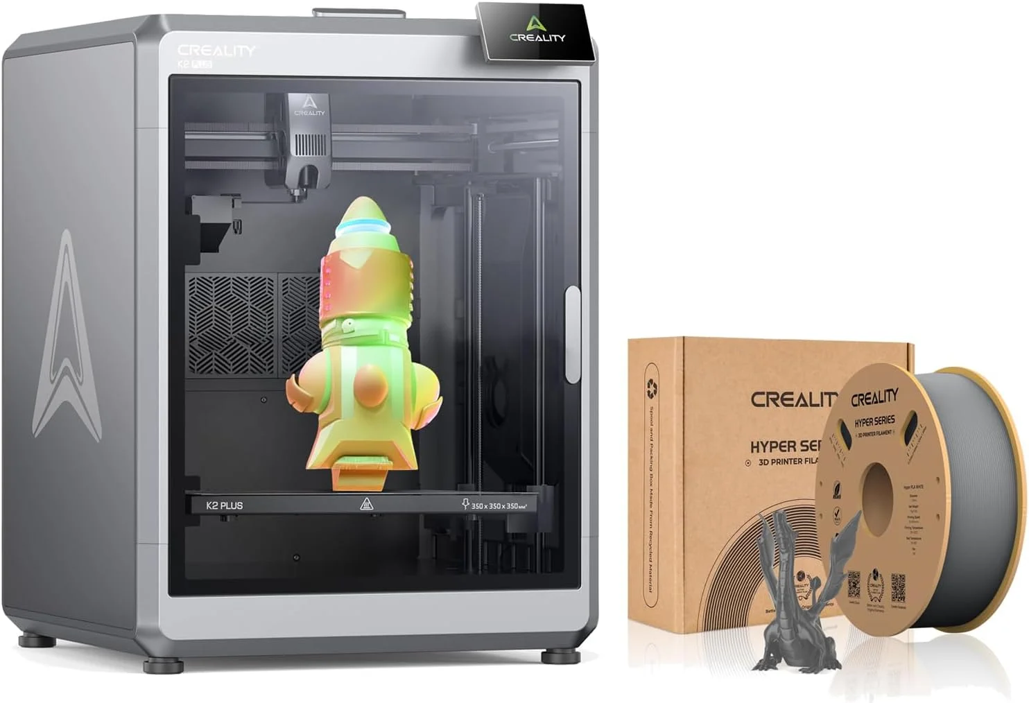 پرینتر سه بعدی Creality K2 Plus با حجم ساخت 350x350x350 میلی‌متر، چاپ سریع 600 میلی‌متر بر ثانیه با دوربین‌های هوش مصنوعی دوگانه به همراه فیلامنت خاکستری Creality Hyper PLA
