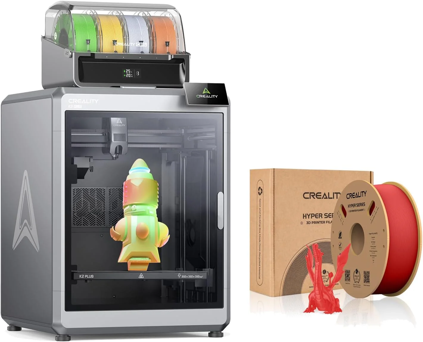 پرینتر سه بعدی Creality K2 Plus Combo با حجم ساخت 350x350x350 میلی‌متر با قابلیت چاپ 16 رنگ و فیلامنت قرمز Creality Hyper PLA