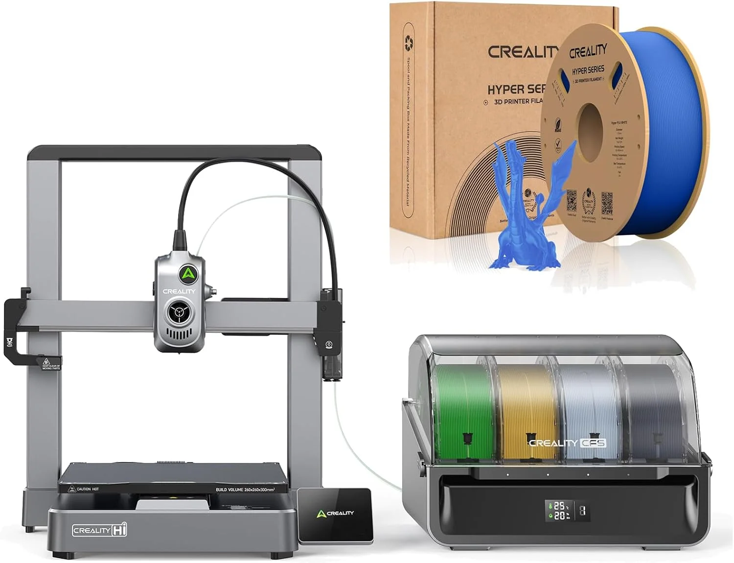 پرینتر سه بعدی Creality Hi Combo با سیستم رنگی 4 رنگ CFS و حجم ساخت 260×260×300 میلی‌متر به همراه فیلامنت آبی Hyper PLA برای چاپ چند ماده‌ای با سرعت بالا 500 میلی‌متر بر ثانیه و کنترل هوشمند