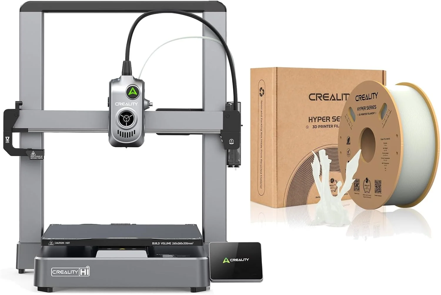 چاپگر سه بعدی Creality Hi با حجم ساخت 260×260×300 میلی‌متر و سرعت 500 میلی‌متر بر ثانیه، شامل فیلامنت سفید Hyper PLA برای چاپ دقیق و پرسرعت با خروجی بادوام و قوی