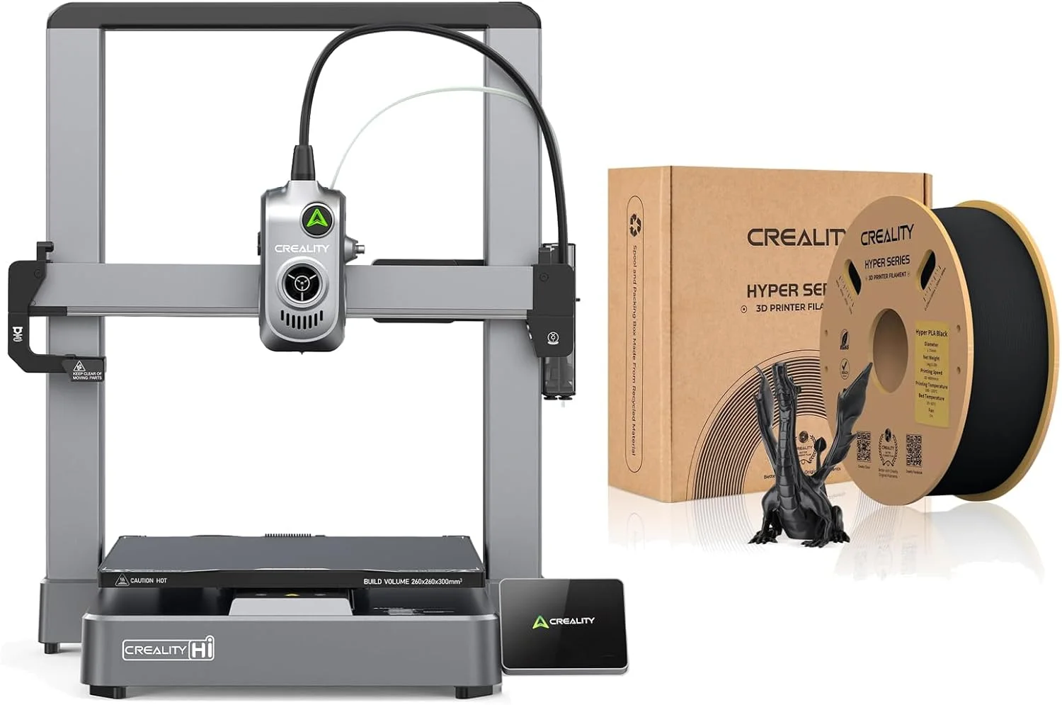 پرینتر سه بعدی Creality Hi با حجم ساخت 260×260×300 میلی‌متر و سرعت 500 میلی‌متر بر ثانیه، شامل فیلامنت مشکی Hyper PLA برای چاپ دقیق، بادوام و با سرعت بالا با RFID و کنترل ابری