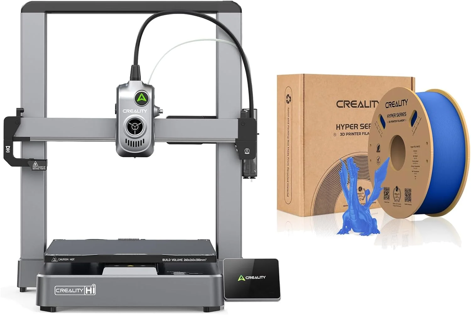 پرینتر سه بعدی Creality Hi با حجم ساخت 260×260×300 میلی متر و سرعت 500 میلی متر بر ثانیه، شامل فیلامنت آبی Hyper PLA برای چاپ دقیق، قوی و با سرعت بالا با کنترل هوشمند RFID