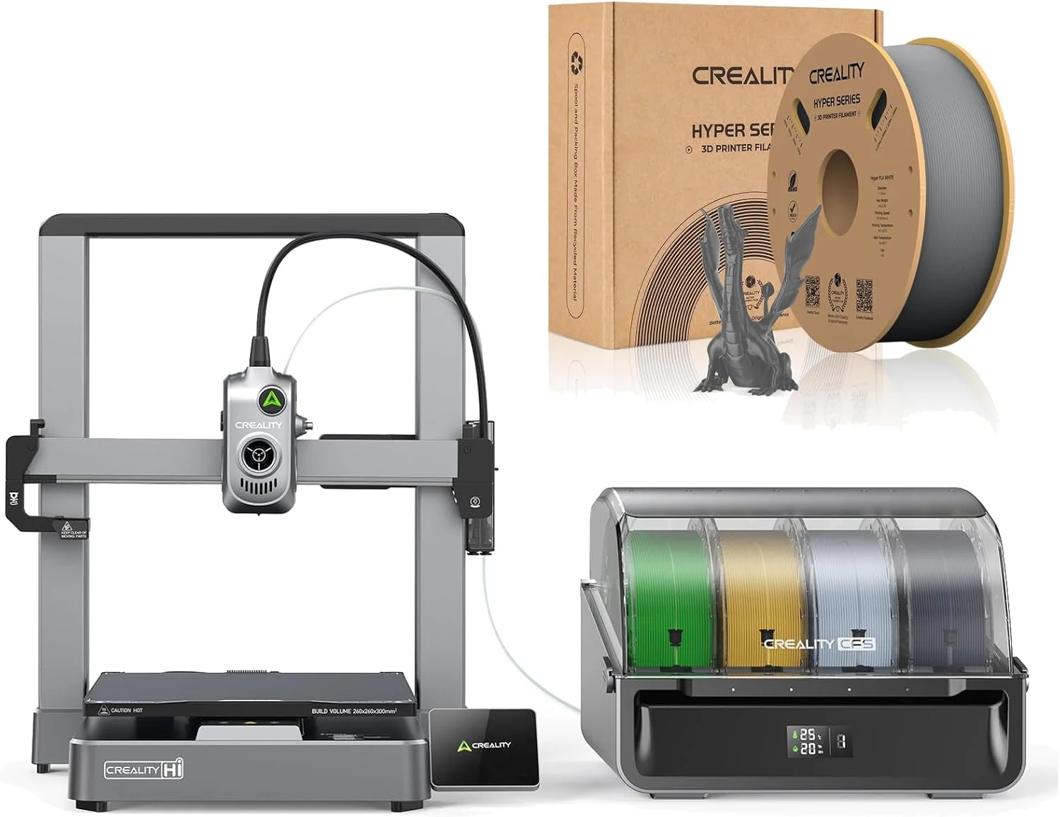 پرینتر سه بعدی Creality Hi Combo با سیستم CFS چهار رنگ و حجم ساخت 260×260×300 میلی‌متر، شامل فیلامنت Hyper PLA خاکستری برای چاپ چند رنگی با سرعت بالا و نمونه‌سازی دقیق