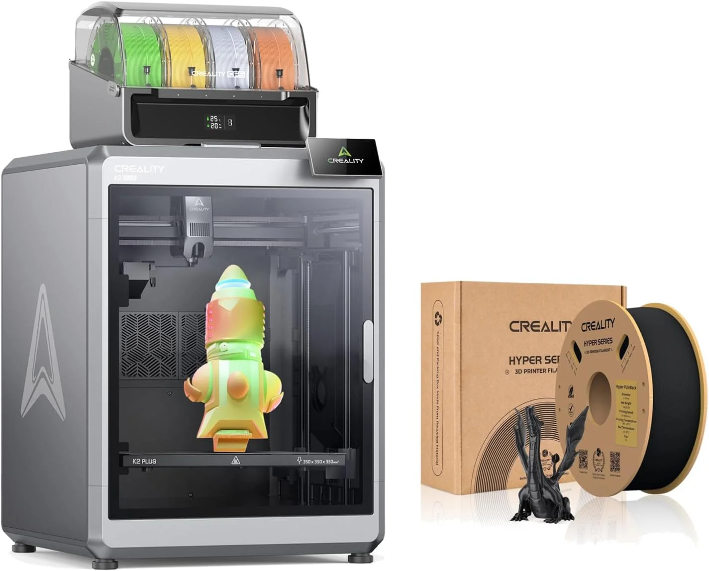 پرینتر سه بعدی Creality K2 Plus Combo با حجم ساخت 350x350x350 میلی‌متر با قابلیت چاپ 16 رنگ و فیلامنت مشکی Creality Hyper PLA