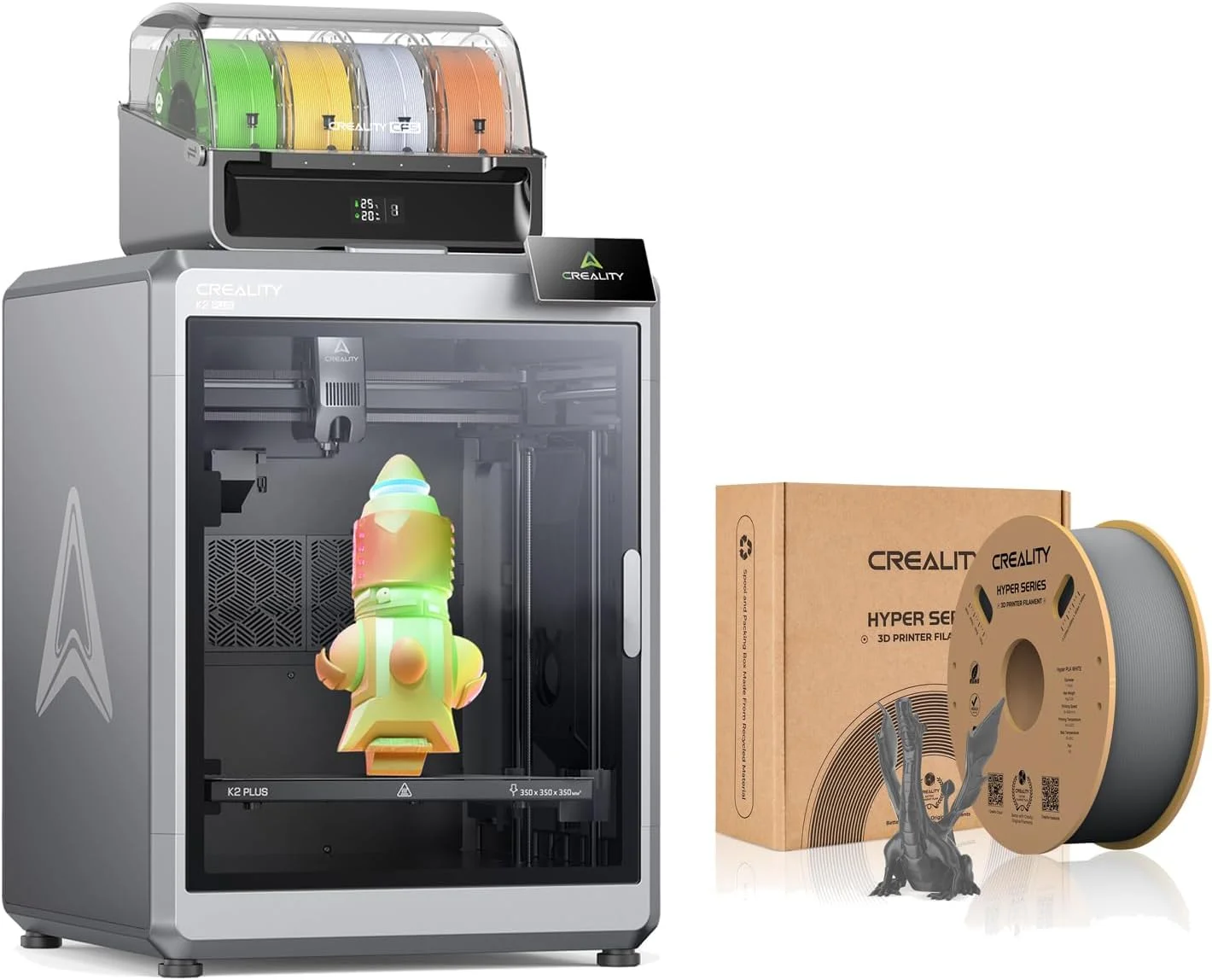 پرینتر سه بعدی Creality K2 Plus Combo با حجم ساخت 350x350x350 میلی‌متر با قابلیت چاپ 16 رنگ و فیلامنت خاکستری Creality Hyper PLA