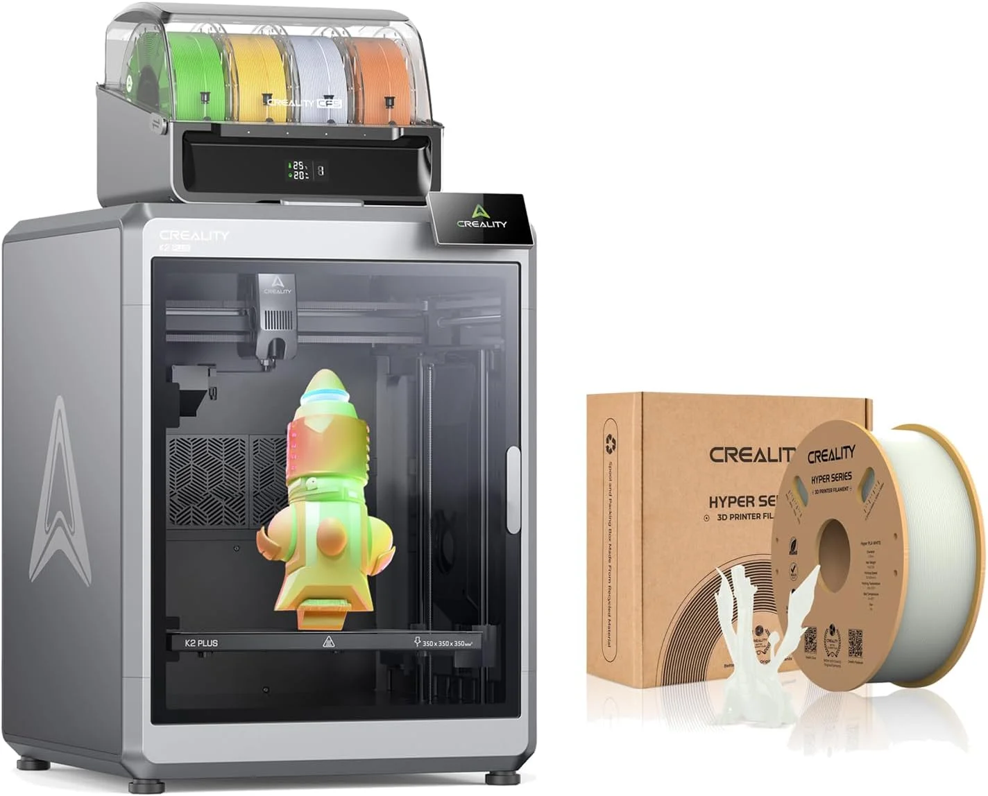 پرینتر سه بعدی Creality K2 Plus Combo با حجم ساخت 350x350x350 میلی‌متر با قابلیت چاپ 16 رنگ و فیلامنت PLA Hyper سفید Creality