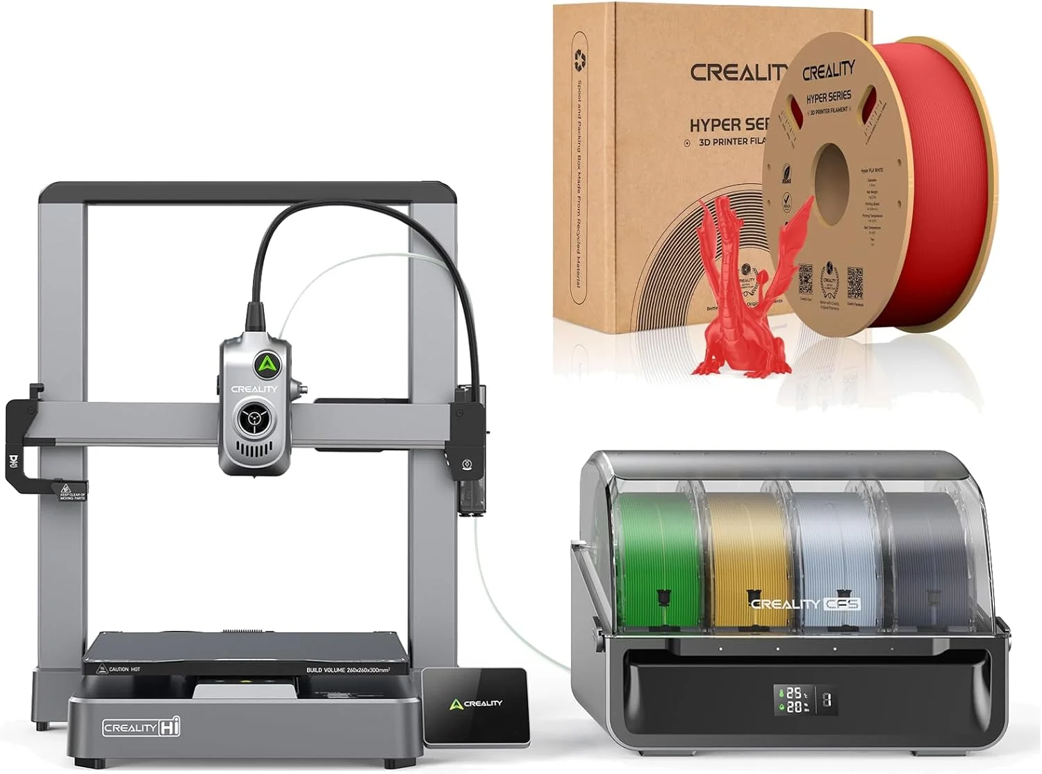 پرینتر سه بعدی Creality Hi Combo با سیستم CFS چهار رنگ و حجم ساخت 260×260×300 میلی‌متر به همراه فیلامنت Hyper PLA قرمز برای چاپ چند متریال با سرعت 500 میلی‌متر بر ثانیه