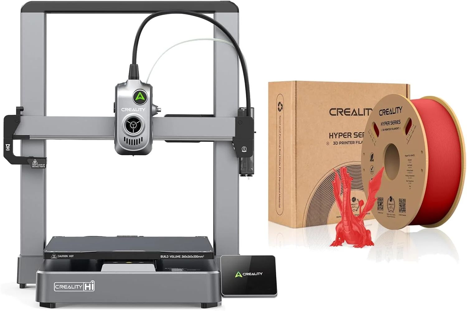 پرینتر سه بعدی Creality Hi با حجم ساخت 260×260×300 میلی‌متر و سرعت 500 میلی‌متر بر ثانیه، شامل فیلامنت Hyper PLA قرمز برای چاپ سریع، دقیق و قوی با کنترل هوشمند RFID