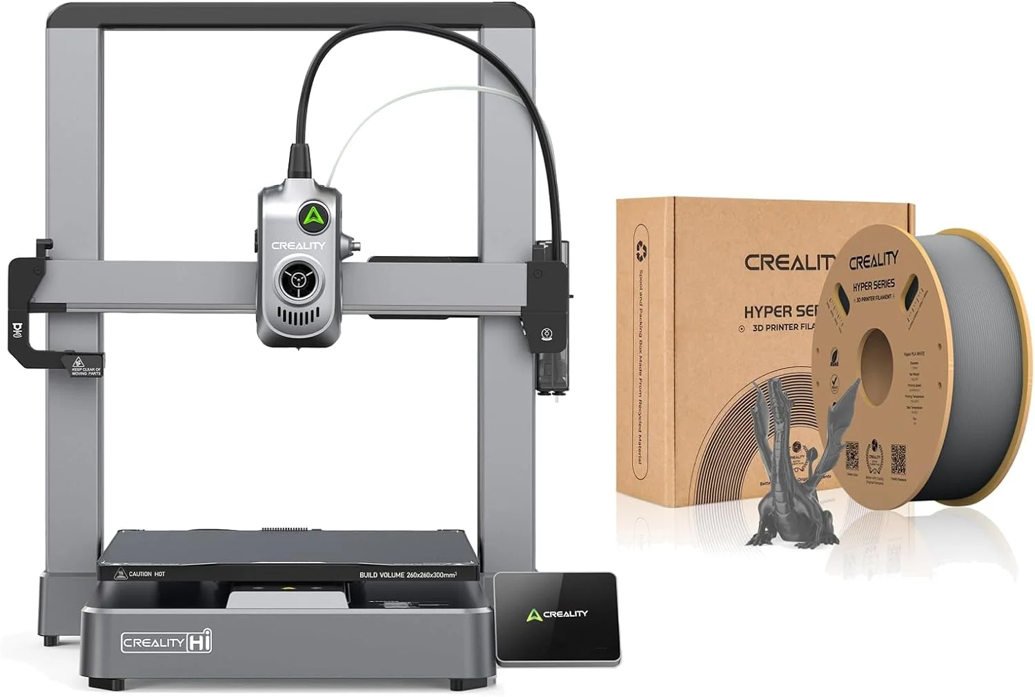 پرینتر سه بعدی Creality Hi با حجم ساخت 260×260×300 میلی‌متر و سرعت 500 میلی‌متر بر ثانیه، شامل فیلامنت خاکستری Hyper PLA برای چاپ دقیق و قوی با کنترل هوشمند و تشخیص فیلامنت RFID