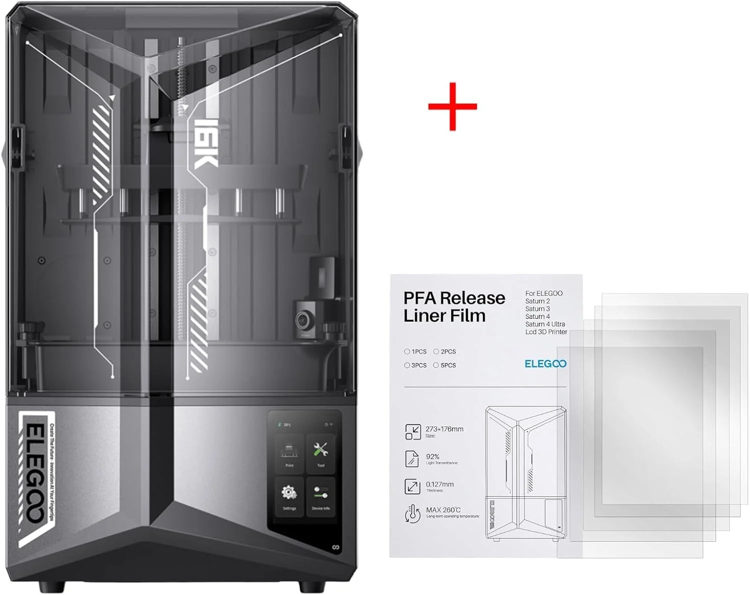 چاپگر سه بعدی رزینی ELEGOO Saturn 4 Ultra 10" 16K و فیلم رهاساز PFA ELEGOO بسته 5 عددی برای Saturn 4 Ultra 16K