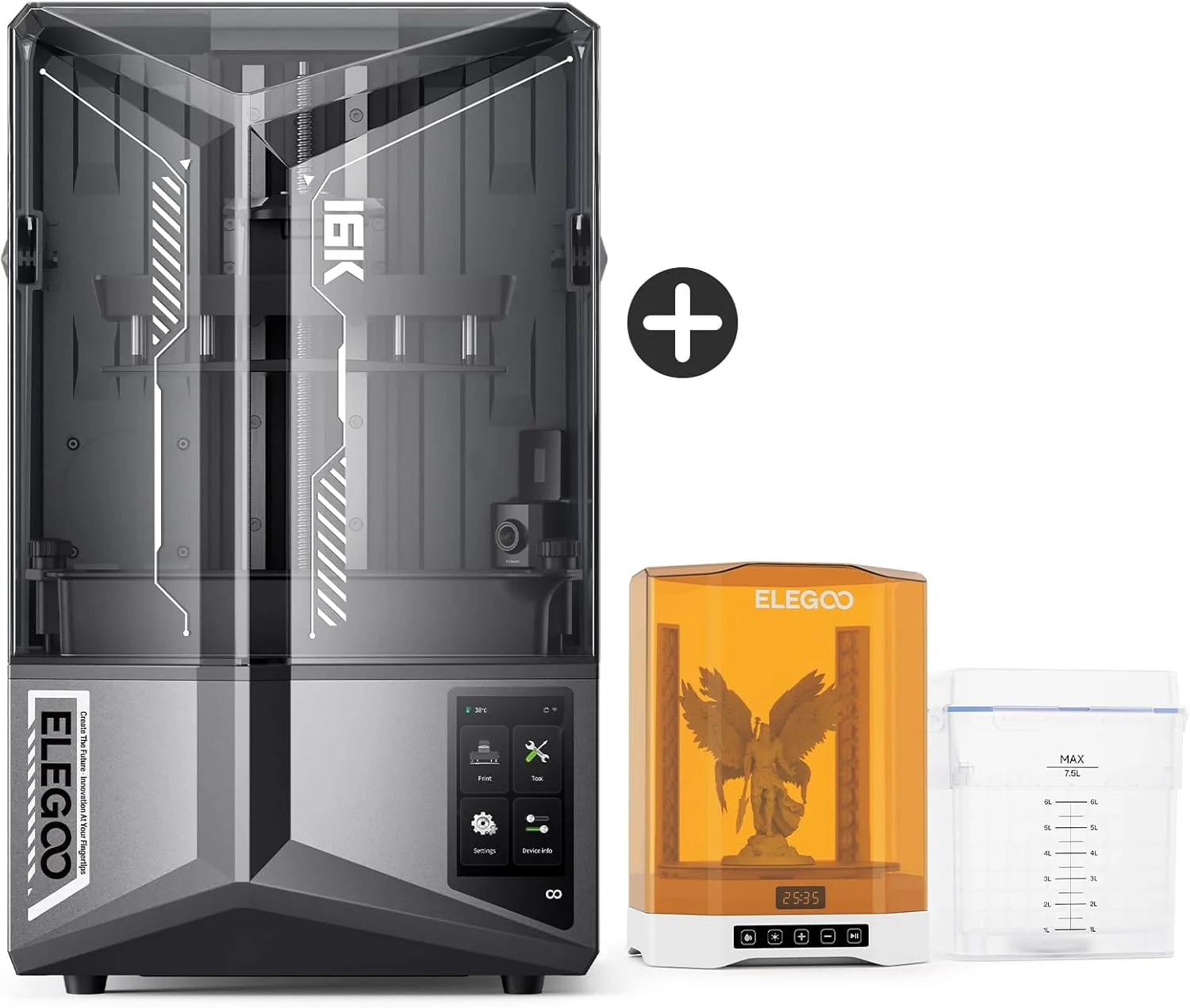 پرینتر سه بعدی رزینی ELEGOO Saturn 4 Ultra 16K و دستگاه شستشو و خشک کن بزرگتر ELEGOO Mercury Plus 3.0