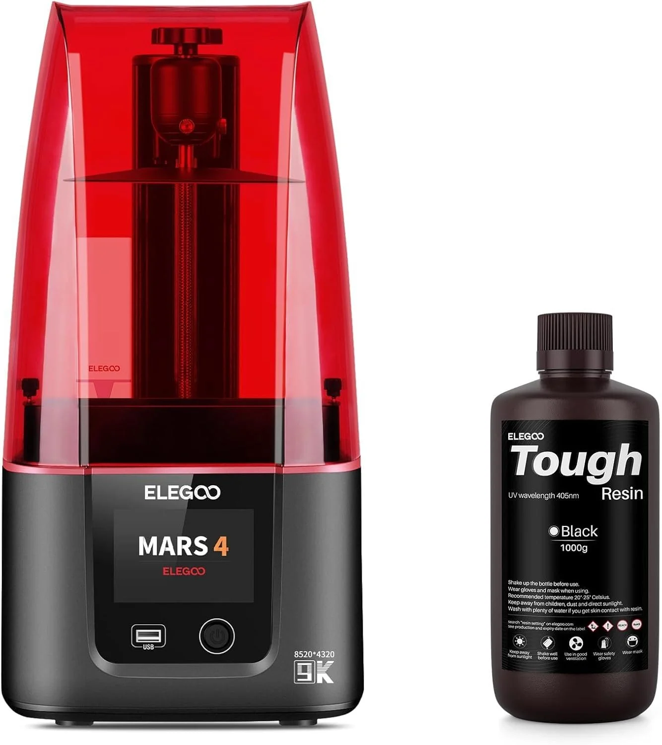 چاپگر سه بعدی رزینی ELEGOO Mars 4 و رزین سخت ELEGOO مشکی 1000 گرمی