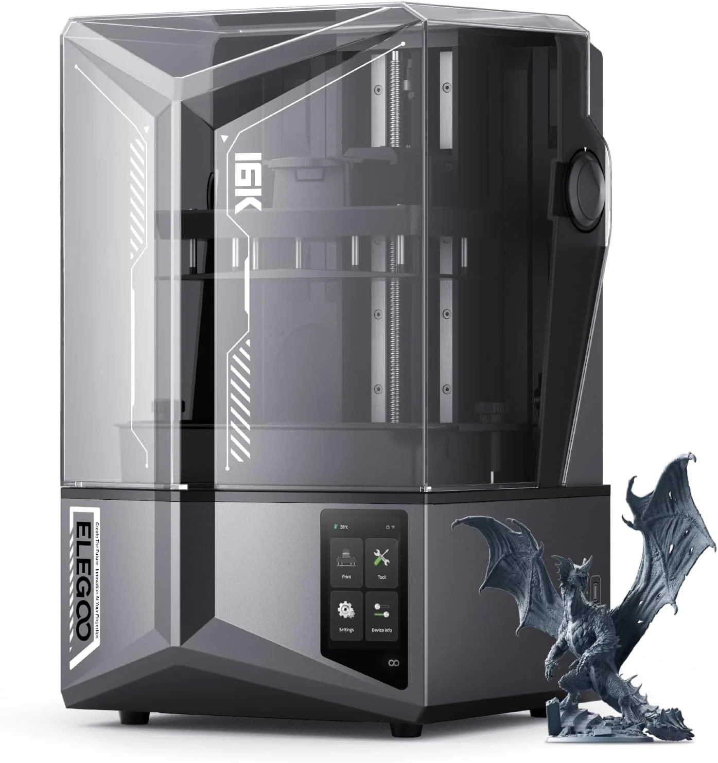 پرینتر سه بعدی رزینی ELEGOO Saturn 4 Ultra 16K با LCD مونو 10 اینچی 16K و درب تاشو، گرمایش هوشمند مخزن در دمای 30 درجه سانتیگراد، سرعت چاپ بالا 150 میلی‌متر بر ساعت، اندازه چاپ بزرگ 8.33 × 4.66 × 8.66 اینچ