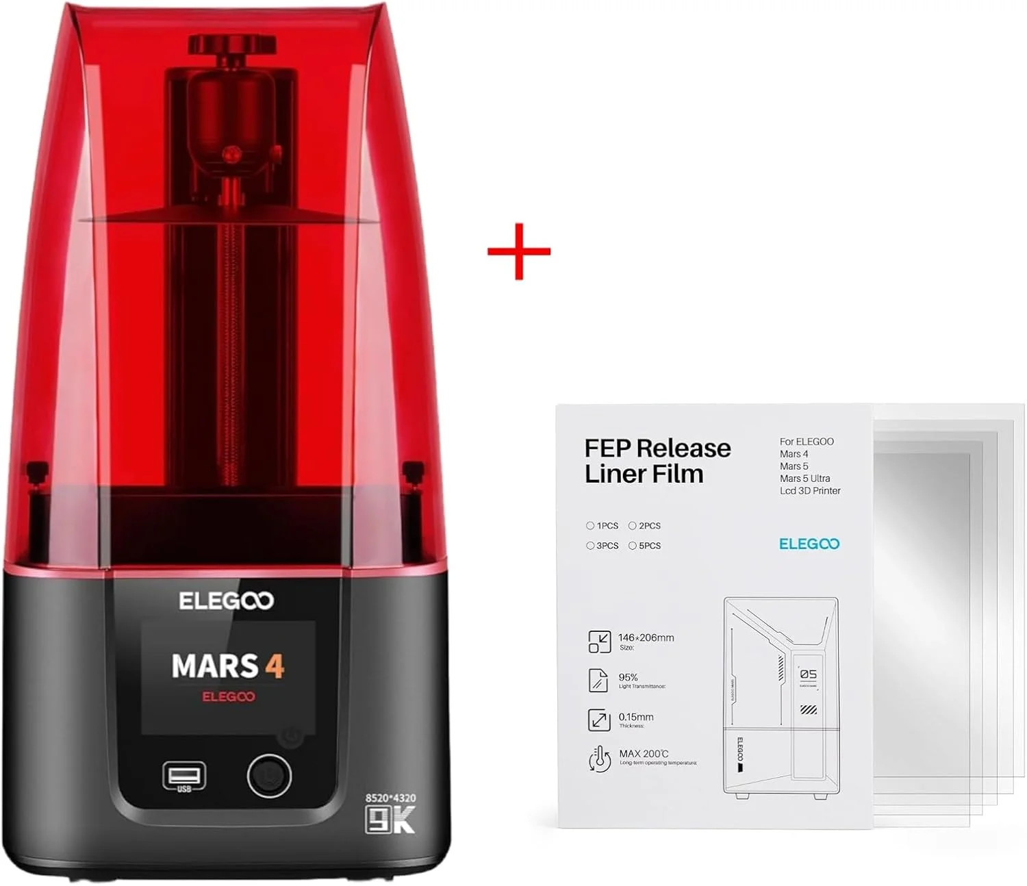 پرینتر سه بعدی رزینی ELEGOO Mars 4 MSLA و فیلم رهاسازی FEP ELEGOO بسته 5 عددی برای Mars 4