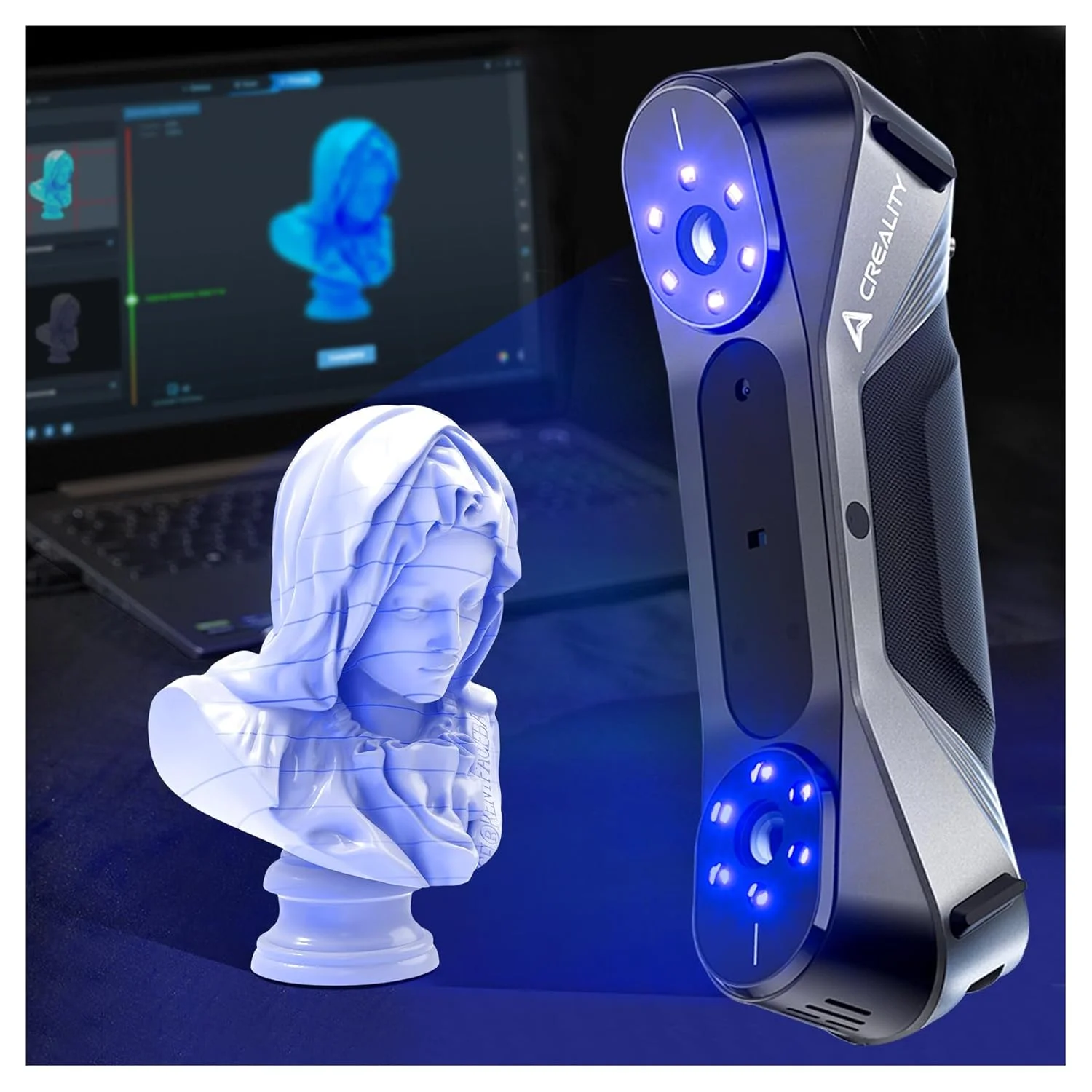 اسکنر سه بعدی کرالیتی رپتور به همراه استند نمایشگر گردان 8 اینچی و سه پایه میله ای اکستنشن، اسکنر دستی لیزر آبی چند خطی و NIR برای پرینت سه بعدی اسکنر سه بعدی کرالیتی رپتور به همراه استند نمایشگر گردان 8 اینچی و سه پایه میله ای اکستنشن، اسکنر دستی لیزر آبی چند خطی و NIR برای پرینت سه بعدی