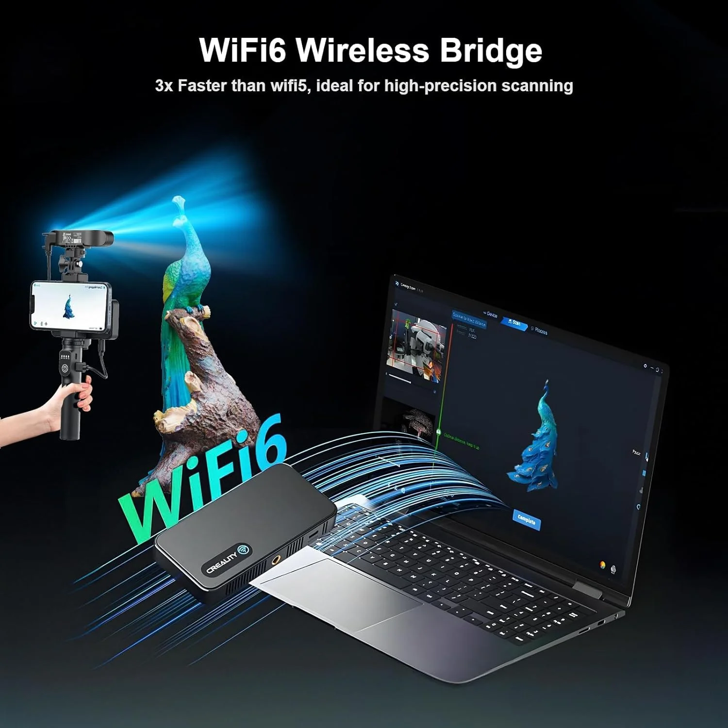 اسکنر سه بعدی Creality CR-Scan Ferret Pro برای چاپ سه بعدی، اسکنر سه بعدی دستی بی سیم ارتقا یافته با پل WiFi 6، ردیابی ضد لرزش، اسکن تمام رنگی سریع 30 فریم بر ثانیه، دقت 0.1 میلی متر برای چاپگر سه بعدی