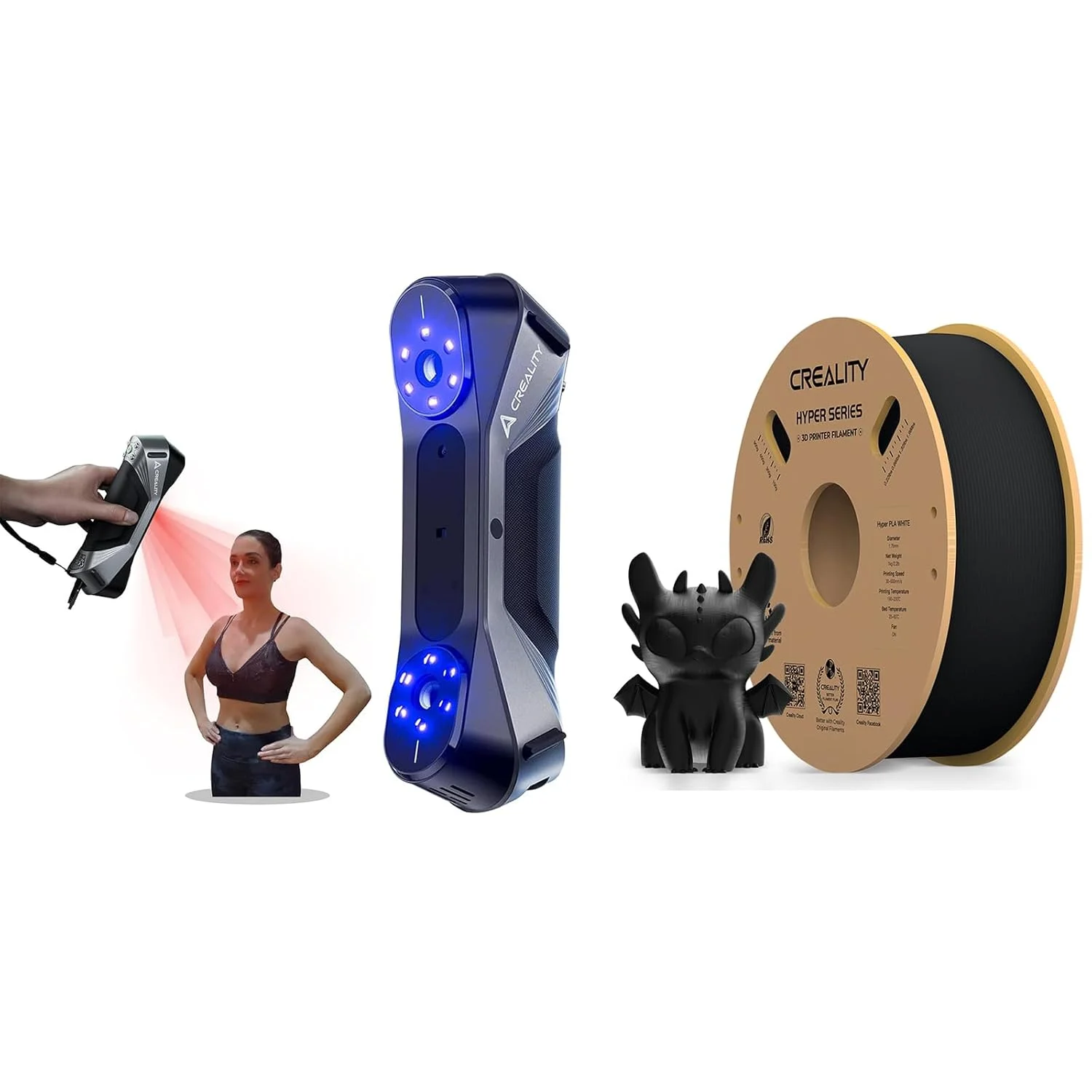 اسکنر سه بعدی دستی Creality CR-Scan Raptor برای پرینت سه بعدی با دقت 0.02 میلی متر، نور آبی صنعتی، ضد لرزش، سرعت اسکن تا 60 فریم در ثانیه برای ویندوز و مک با Hyper Black