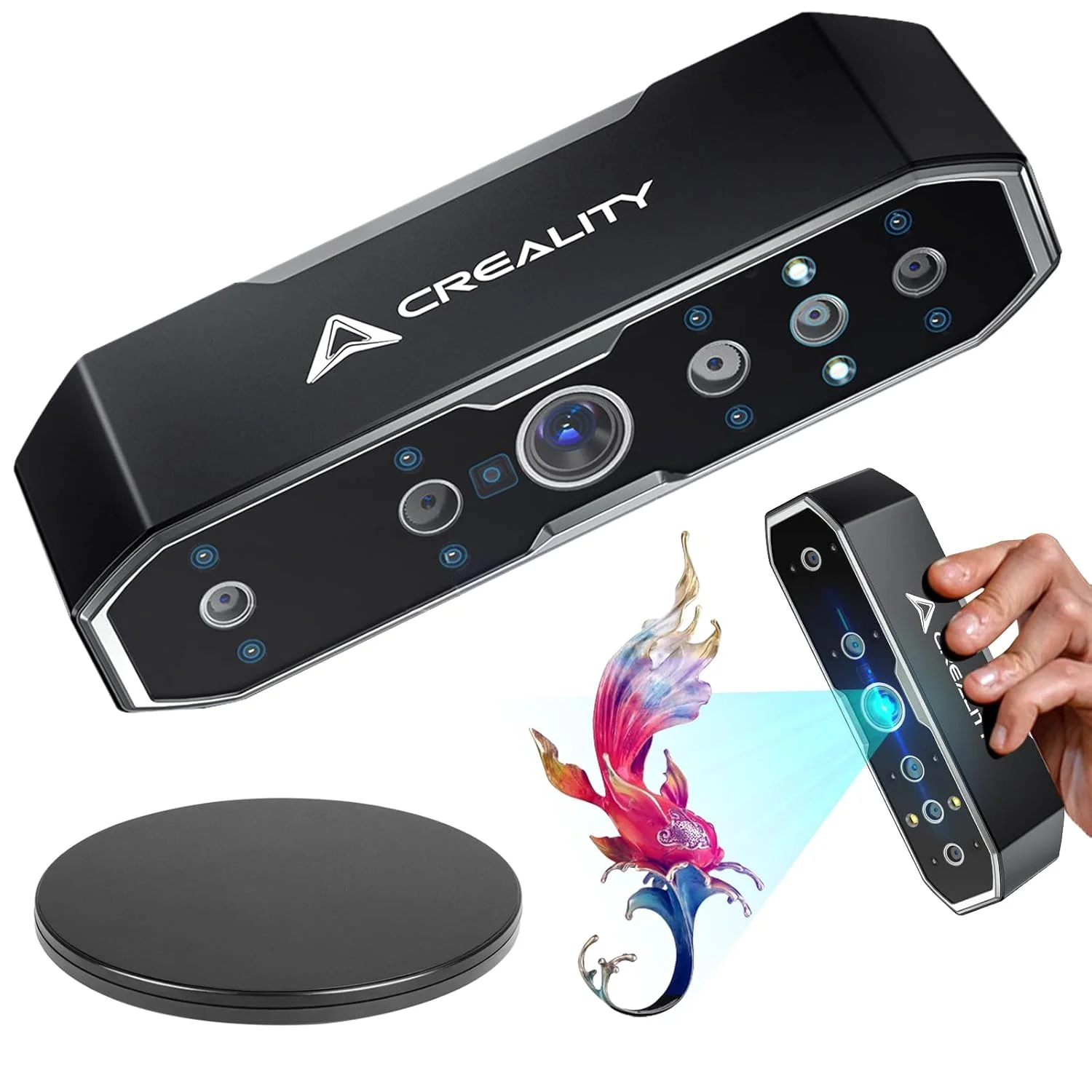 اسکنر سه بعدی کریالیتی مدل CR-Scan Otter برای پرینت سه بعدی به همراه استند نمایشگر گردان 8 اینچی، اسکنر دستی با دقت 0.02 میلی متر