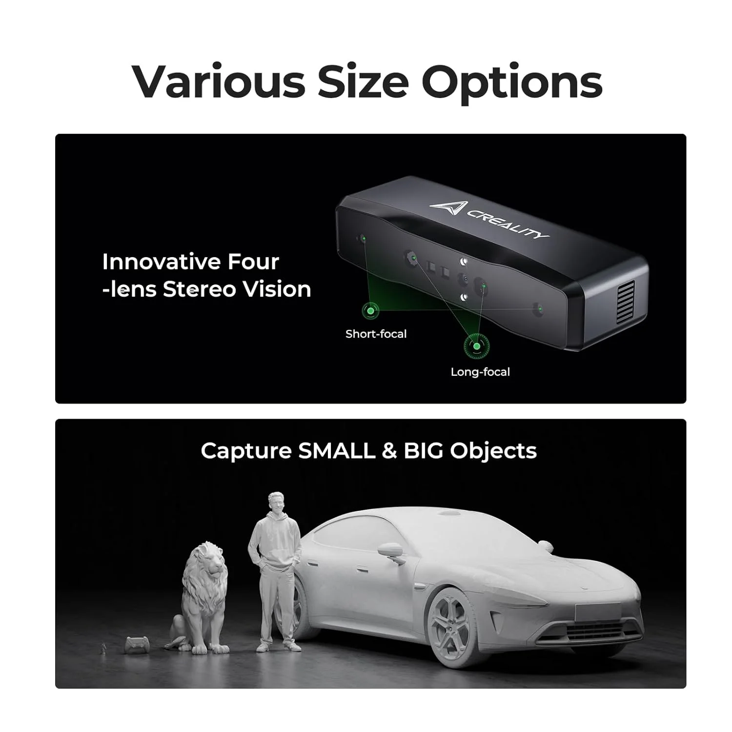 اسکنر سه بعدی Creality Otter Lite برای چاپ سه بعدی، اسکنر دستی بی سیم با دقت 0.05 میلی متر، ردیابی ضد لرزش، سرعت اسکن تمام رنگی 24 بیتی تا 30 فریم در ثانیه برای اشیاء بین 20-2000 میلی متر