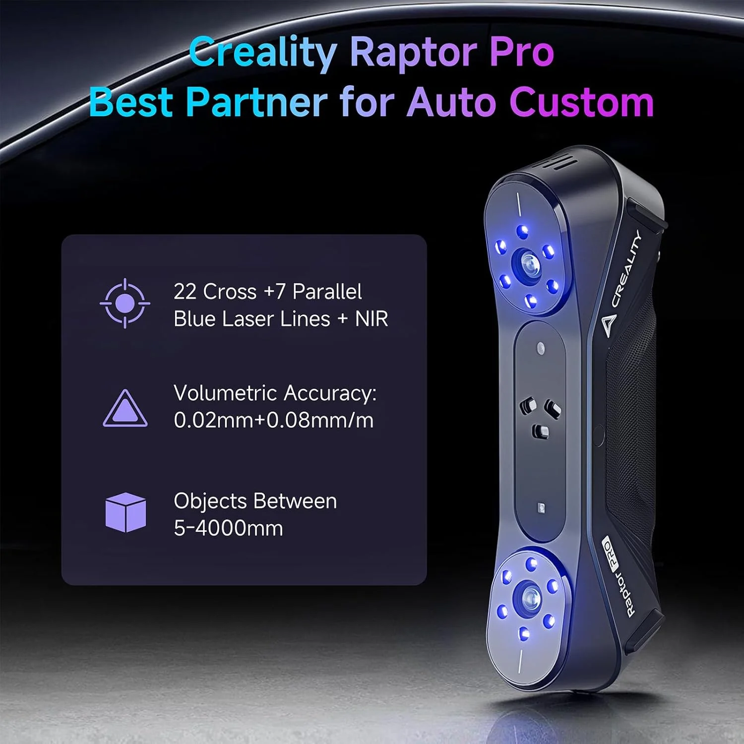 اسکنر سه بعدی Creality CR-Scan Raptor Pro برای پرینت سه بعدی، 22+7 لیزر آبی، دقت 0.02 میلی متر، رنگ 24 بیتی، 60FPS، اسکن اشیاء 5mm-4000mm، اسکنر سه بعدی دستی برای ویندوز و macOS