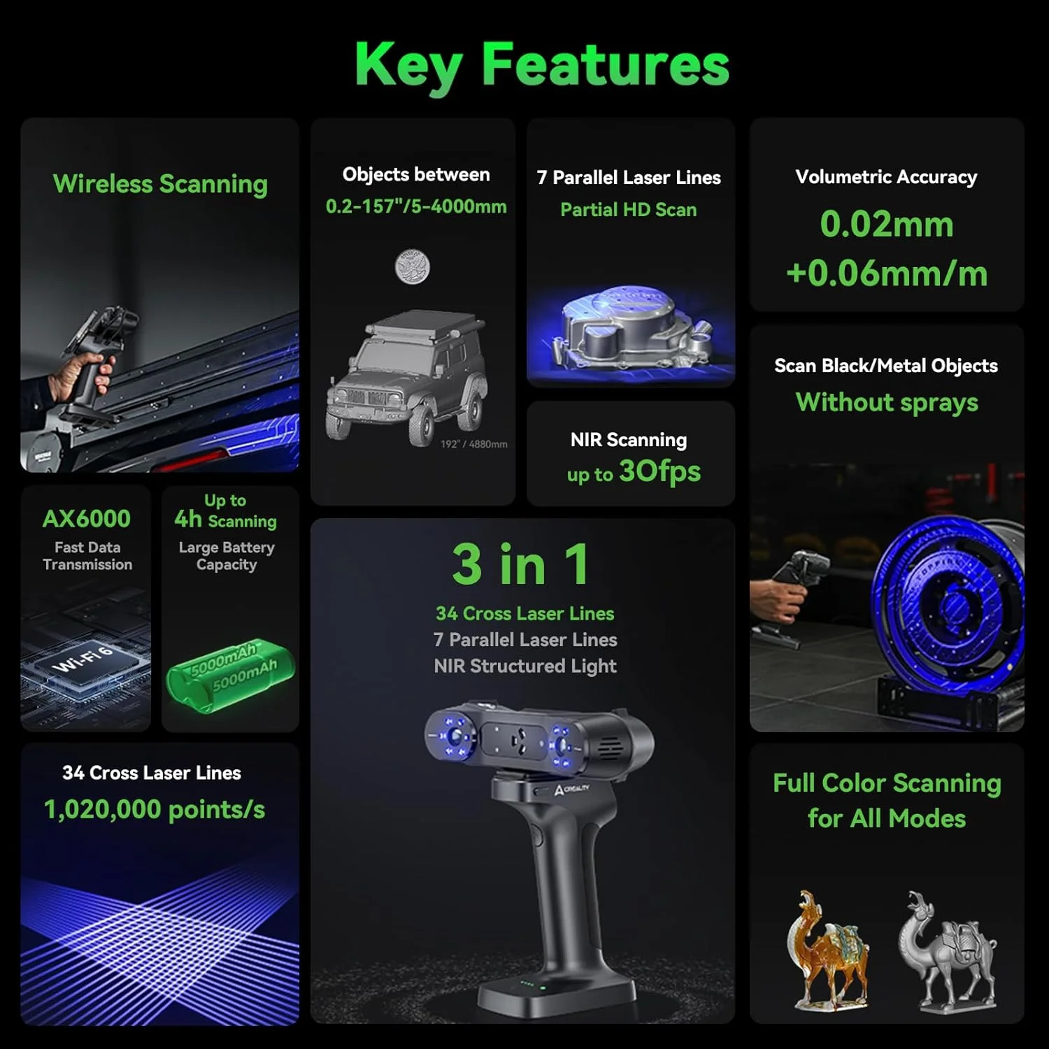 اسکنر سه بعدی دستی بی سیم Creality RaptorX با دقت 0.02 میلی متر و صفحه گردان دستی برای اسکن سه بعدی