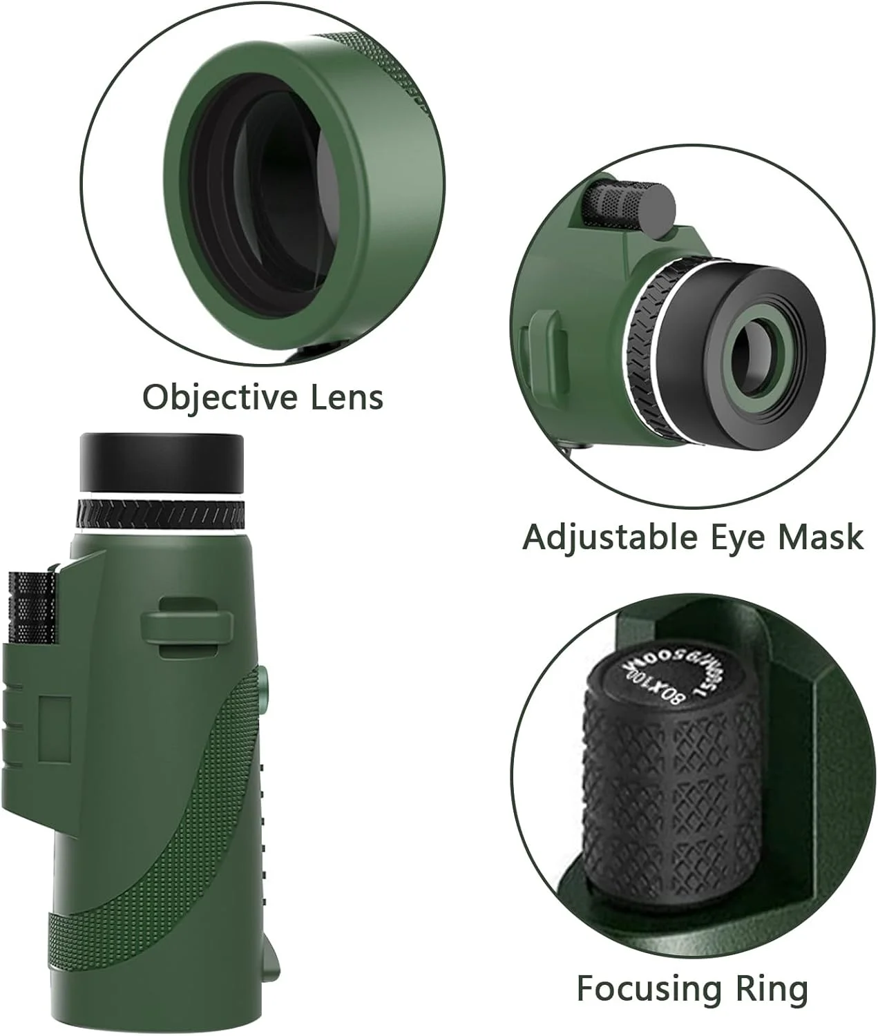 تلسکوپ تک چشمی 100x80 با قدرت بالا، تک چشمی فشرده برای بزرگسالان، مناسب تماشای پرندگان، شکار، پیاده روی، کمپینگ و مسافرت (سبز)