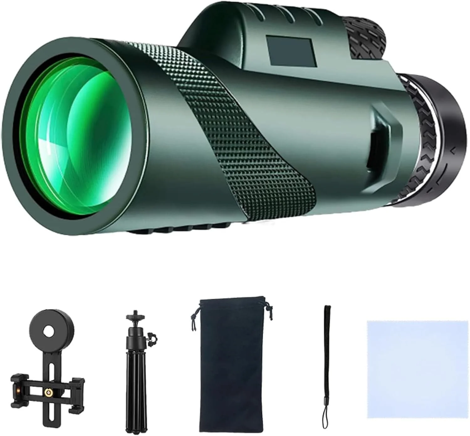 تلسکوپ تک چشمی پاپوریچ، تک چشمی قدرتمند برای بزرگسالان، با منشور BAK4 و لنز FMC، با نگهدارنده تلفن هوشمند و سه پایه، تک چشمی تلفن هوشمند برای تماشای پرندگان، حیات وحش، شکار، پیاده روی (سبز)
